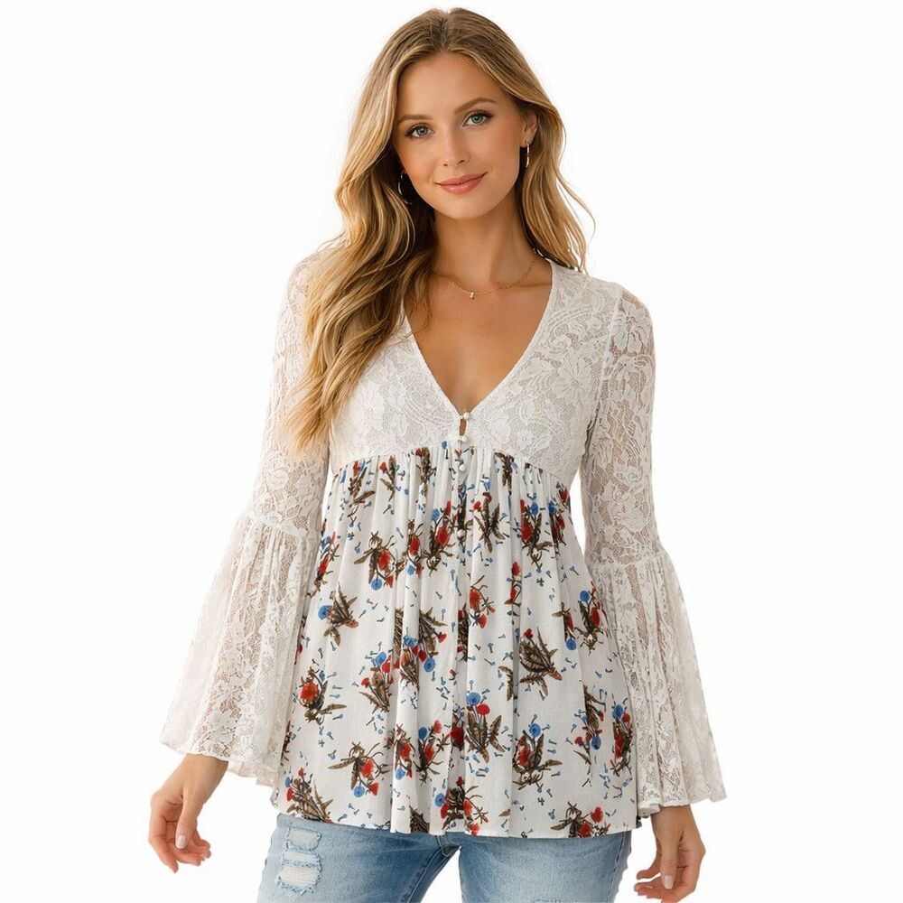 Hayden Los Angeles Tunic Blouse Womens Small White Floral V Neck Bell Sleeve Top